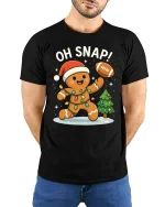 Funny Oh Snap Gingerbread Football Christmas Tshirt Graphic - model wearing black tee with hands behind back