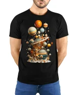 Surreal Floating Planets Cosmic Art Graphic Tshirt With Dreamy Style - model wearing black tee with hands behind back