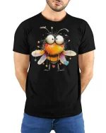 Cute Funny Bumblebee Big Eyes Cartoon Love Graphic Tshirt Art - model wearing black tee with hands behind back