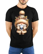Cute Winter Gnome Holding Heart Cozy Holiday Graphic Tshirt Art - model wearing black tee with hands behind back