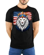Patriotic Lion Crown American Flag Power Graphic Tshirt Art - model wearing black tee with hands behind back
