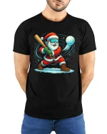 Funny Santa Snowball Baseball Action Christmas Tshirt Graphic Art - model wearing black tee with hands behind back