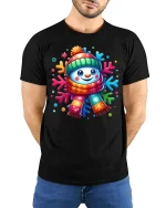 Cute Colorful Snowman Winter Cheerful Christmas Graphic Tshirt Art - model wearing black tee with hands behind back