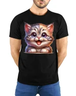 Cute Big Eyed Kitten Smiling Cartoon Cat Graphic Tshirt Art - model wearing black tee with hands behind back