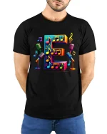 Colorful Letter E Music Notes Microphone Graphic Tshirt Art - model wearing black tee with hands behind back