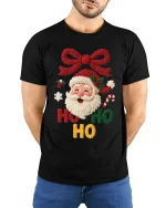 Cute Ho Ho Ho Santa Knit Style Christmas Graphic Tshirt Art - model wearing black tee with hands behind back