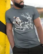 Elegant Santa Sleigh Reindeer Sparkle Christmas Graphic Tshirt Art - model wearing grey tee, leaning on column