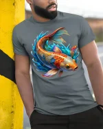 Colorful Koi Fish Splash Art Graphic Tshirt With Vibrant Energy - model wearing grey tee, leaning on column