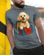 Cute Puppy In Gift Box Smiling Dog Graphic Tshirt Art - model wearing grey tee, leaning on column