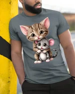 Cute Kitten Hugging Baby Mouse Adorable Cartoon Animal Tshirt Art - model wearing grey tee, leaning on column