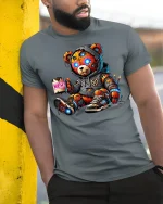 Funny Cyberpunk Teddy Bear Meh Coffee Graphic Tshirt Art - model wearing grey tee, leaning on column