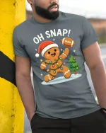 Funny Oh Snap Gingerbread Football Christmas Tshirt Graphic - model wearing grey tee, leaning on column