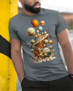 Surreal Floating Planets Cosmic Art Graphic Tshirt With Dreamy Style - model wearing grey tee, leaning on column