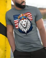 Patriotic Lion Crown American Flag Power Graphic Tshirt Art - model wearing grey tee, leaning on column