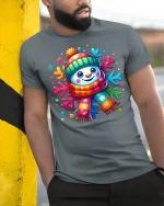 Cute Colorful Snowman Winter Cheerful Christmas Graphic Tshirt Art - model wearing grey tee, leaning on column