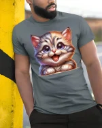 Cute Big Eyed Kitten Smiling Cartoon Cat Graphic Tshirt Art - model wearing grey tee, leaning on column