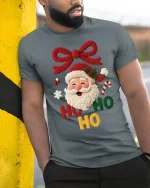 Cute Ho Ho Ho Santa Knit Style Christmas Graphic Tshirt Art - model wearing grey tee, leaning on column