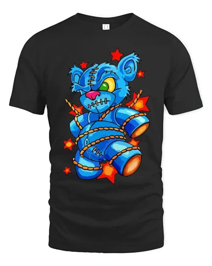 Creepy Cute Stitched Teddy Chaos Art Graphic Tshirt Tee - black t-shirt on white background