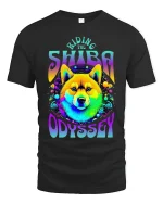 Riding The Shiba Odyssey Psychedelic Dog Art Graphic T Shirt - black t-shirt on white background