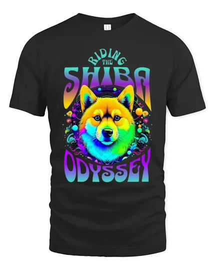 Riding The Shiba Odyssey Psychedelic Dog Art Graphic T Shirt - black t-shirt on white background