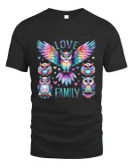 Love Family Colorful Owl Art Heartwarming Graphic T Shirt - black t-shirt on white background