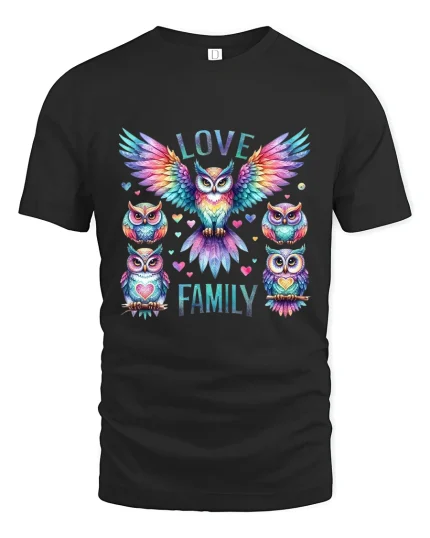 Love Family Colorful Owl Art Heartwarming Graphic T Shirt - black t-shirt on white background