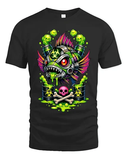 Toxic Punk Piranha Biohazard Monster Art Graphic T Shirt - black t-shirt on white background