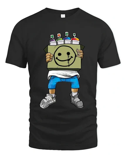Graffiti Smiley Spray Can Street Artist Cartoon Graphic T Shirt - black t-shirt on white background