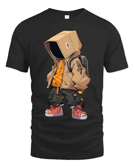 Urban Hoodie Robot Street Style Cartoon Art Graphic T Shirt - black t-shirt on white background