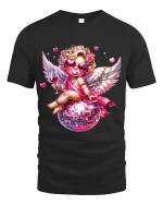 Disco Cupid Angel With Wine Glass Glam Art Graphic T Shirt - black t-shirt on white background