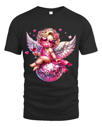 Disco Cupid Angel With Wine Glass Glam Art Graphic T Shirt - black t-shirt on white background