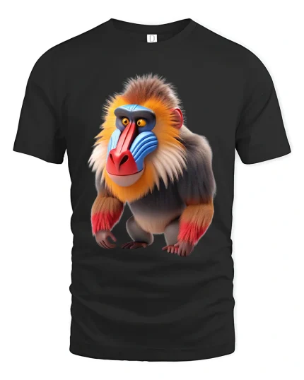 Colorful Mandrill Monkey Realistic Wildlife Art Graphic T Shirt - black t-shirt on white background