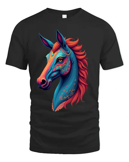 Colorful Fantasy Horse Portrait Boho Art Graphic T Shirt - black t-shirt on white background