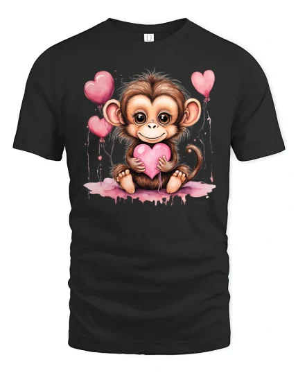 Cute Baby Monkey Holding Heart Love Art Graphic T Shirt - black t-shirt on white background