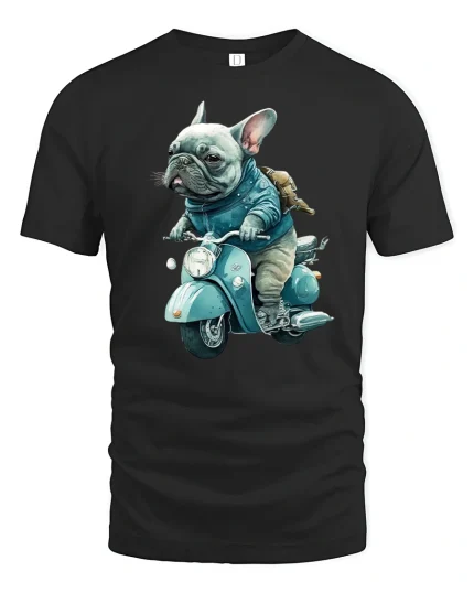 Cool French Bulldog Riding Scooter Funny Art Graphic T Shirt - black t-shirt on white background