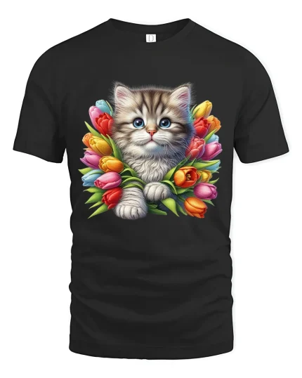 Cute Kitten Surrounded By Colorful Tulips Graphic Tshirt Tee - black t-shirt on white background