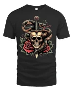 Dark Skull Snake And Dagger Rose Tattoo Art Graphic T Shirt - black t-shirt on white background