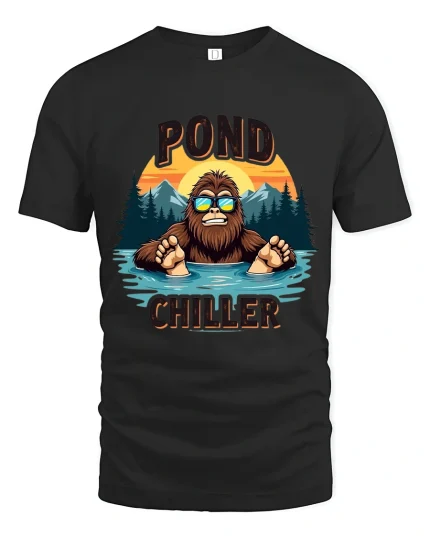 Funny Pond Chiller Bigfoot Relaxing Lake Art Graphic T Shirt - black t-shirt on white background