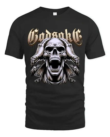 Godsake Screaming Skull Heavy Metal Dark Art Graphic T Shirt - black t-shirt on white background