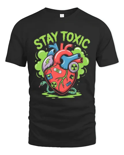 Stay Toxic Mutant Heart Cartoon Street Art Graphic T Shirt - black t-shirt on white background