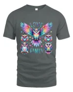 Love Family Colorful Owl Art Heartwarming Graphic T Shirt - gray t-shirt on white background