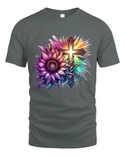 Colorful Faith Cross And Sunflower Art Graphic T Shirt Tee - gray t-shirt on white background