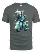 Cool French Bulldog Riding Scooter Funny Art Graphic T Shirt - gray t-shirt on white background