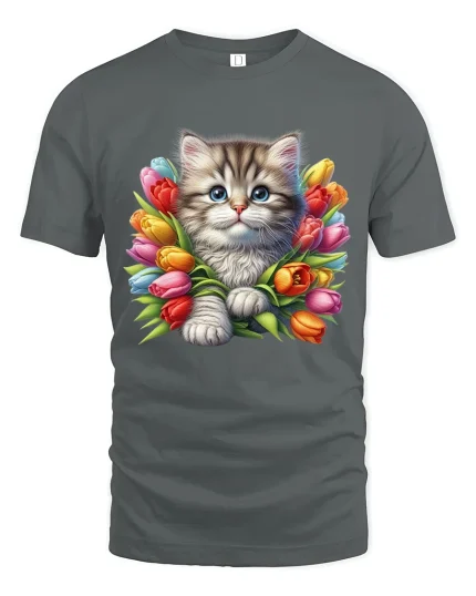 Cute Kitten Surrounded By Colorful Tulips Graphic Tshirt Tee - gray t-shirt on white background