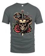 Dark Skull Snake And Dagger Rose Tattoo Art Graphic T Shirt - gray t-shirt on white background