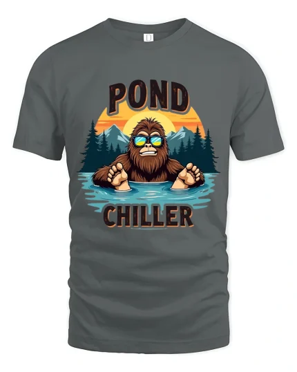 Funny Pond Chiller Bigfoot Relaxing Lake Art Graphic T Shirt - gray t-shirt on white background