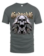 Godsake Screaming Skull Heavy Metal Dark Art Graphic T Shirt - gray t-shirt on white background