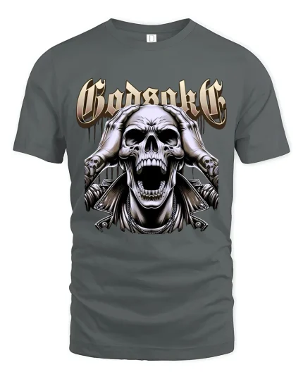 Godsake Screaming Skull Heavy Metal Dark Art Graphic T Shirt - gray t-shirt on white background