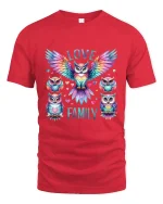 Love Family Colorful Owl Art Heartwarming Graphic T Shirt - red t-shirt on white background