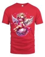 Disco Cupid Angel With Wine Glass Glam Art Graphic T Shirt - red t-shirt on white background